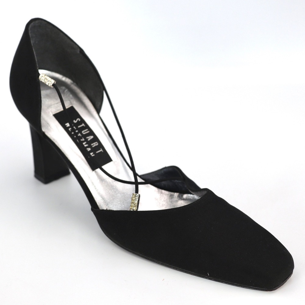 Stuart Weitzman Pumps Womens 8 Black Satin Rhinestone DOrsay Formal Heel